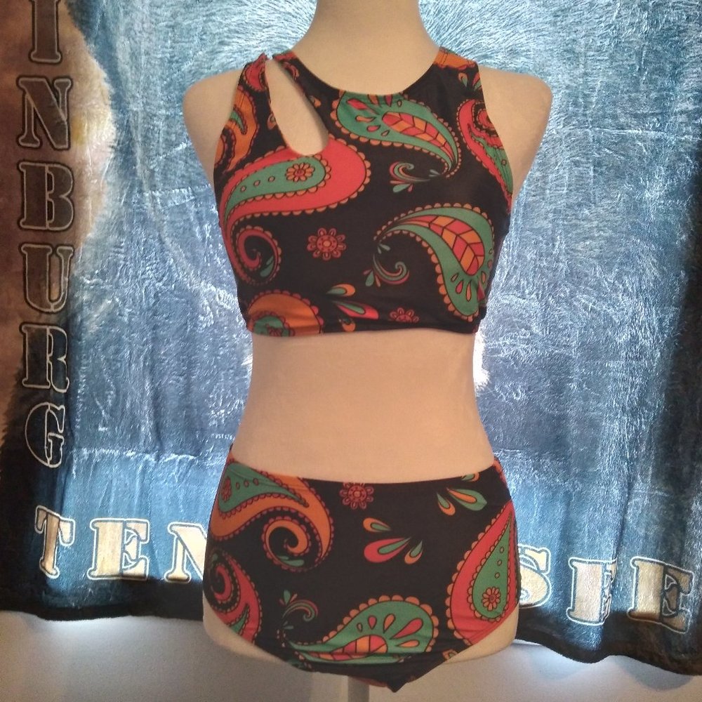 SELINK Women's Two Piece Racerback Cutout & High Waisted Swim Set, Size S, Black